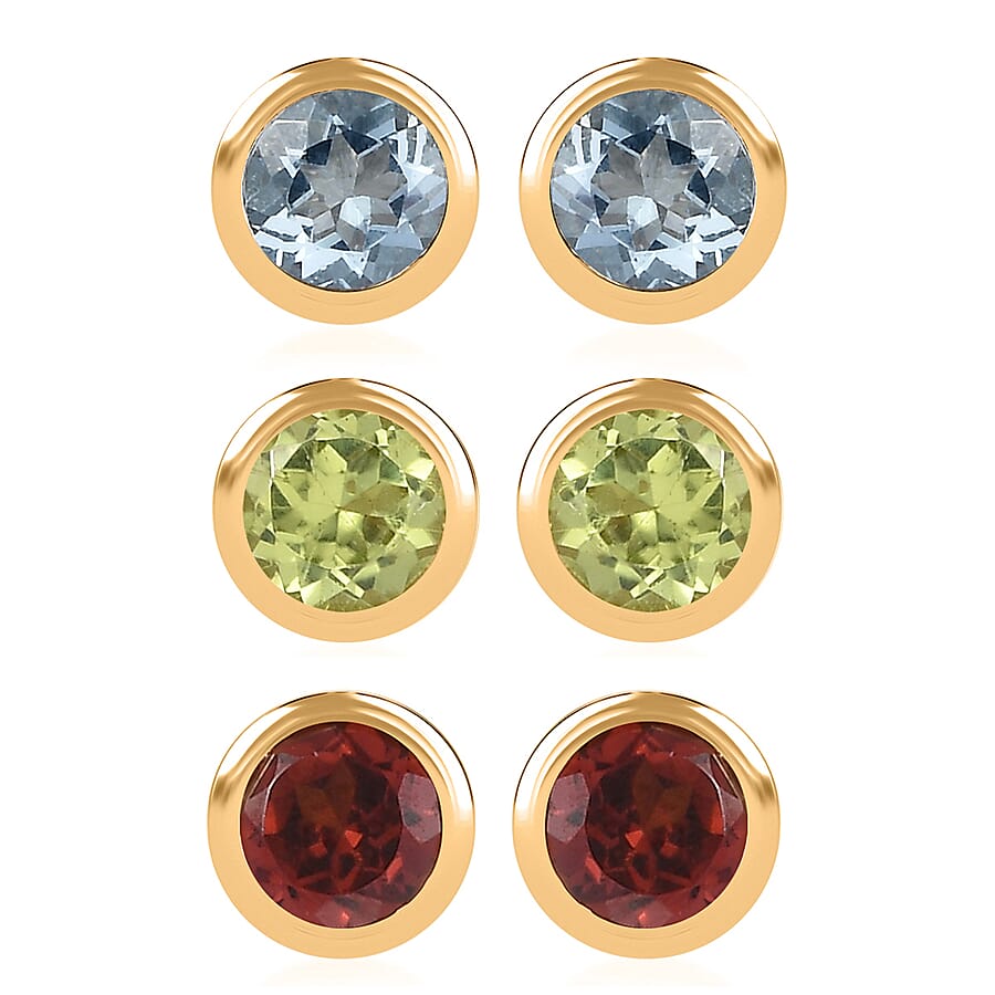 Set of 3 - D'Joy Poke Free Mozambique Garnet, Hebei Peridot and Mangoro Aquamarine 1.75 ctw Stud Earrings in 18K Vermeil Yellow Gold Over Sterling Silver