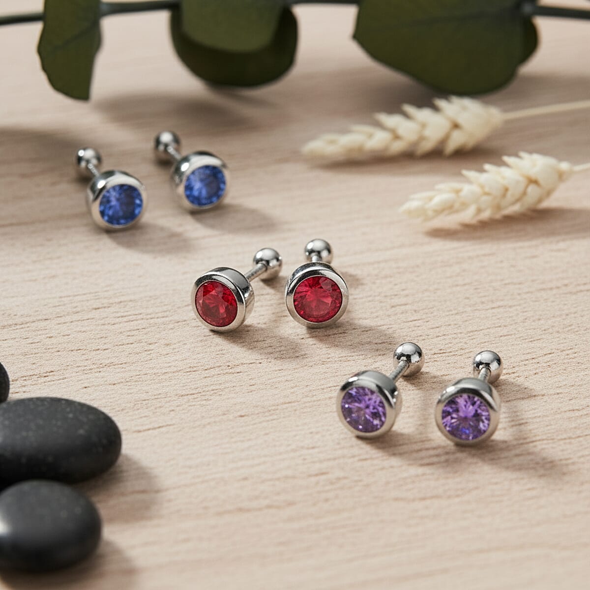 Set of 3 - D'Joy Poke Free Multi Gemstone 1.80 ctw Stud Earrings in Rhodium Over Sterling Silver image number 1
