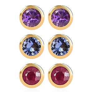 Set of 3 - D'Joy Poke Free Multi Gemstone 1.80 ctw Stud Earrings in 18K Vermeil Yellow Gold Over Sterling Silver