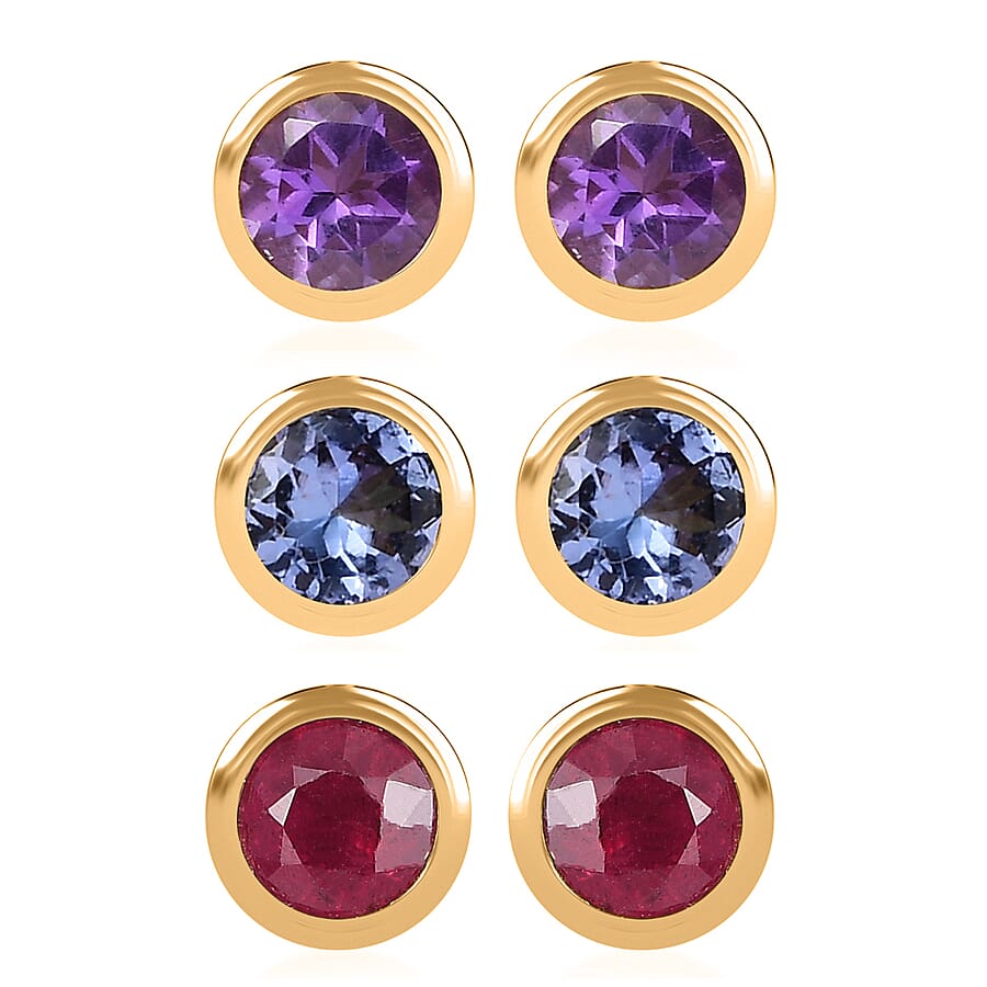Set of 3 - D'Joy Poke Free Niassa Ruby (FF), Tanzanite and African Amethyst 1.80 ctw Stud Earrings in 18K Vermeil Yellow Gold Over Sterling Silver