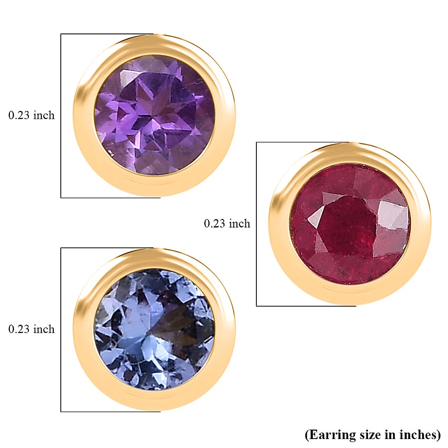 Set of 3 - D'Joy Poke Free Niassa Ruby (FF), Tanzanite and African Amethyst 1.80 ctw Stud Earrings in 18K Vermeil Yellow Gold Over Sterling Silver
