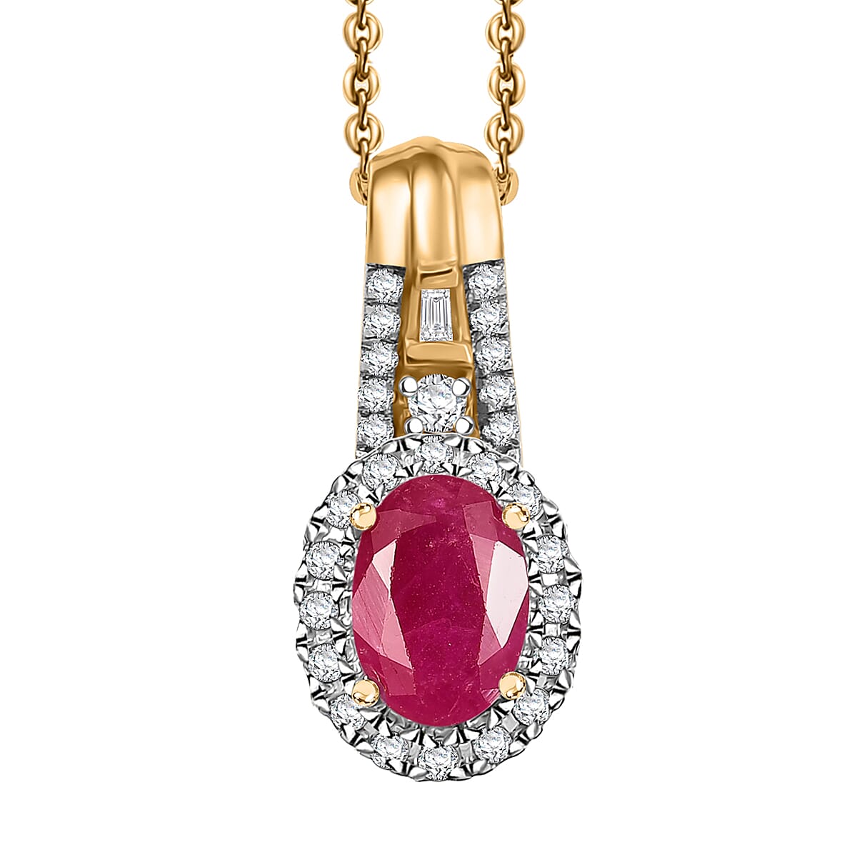 D'Joy AAA Royal Ruby and Diamond 1.40 ctw Halo Pendant Necklace in 18K Vermeil Yellow Gold Over Sterling Silver 20 Inches image number 0