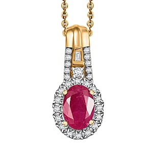 D'Joy AAA Royal Ruby and Diamond 1.40 ctw Halo Pendant Necklace in 18K Vermeil Yellow Gold Over Sterling Silver 20 Inches