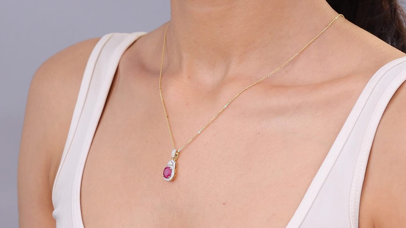 D'Joy AAA Royal Ruby and Diamond 1.40 ctw Halo Pendant Necklace in 18K Vermeil Yellow Gold Over Sterling Silver 20 Inches