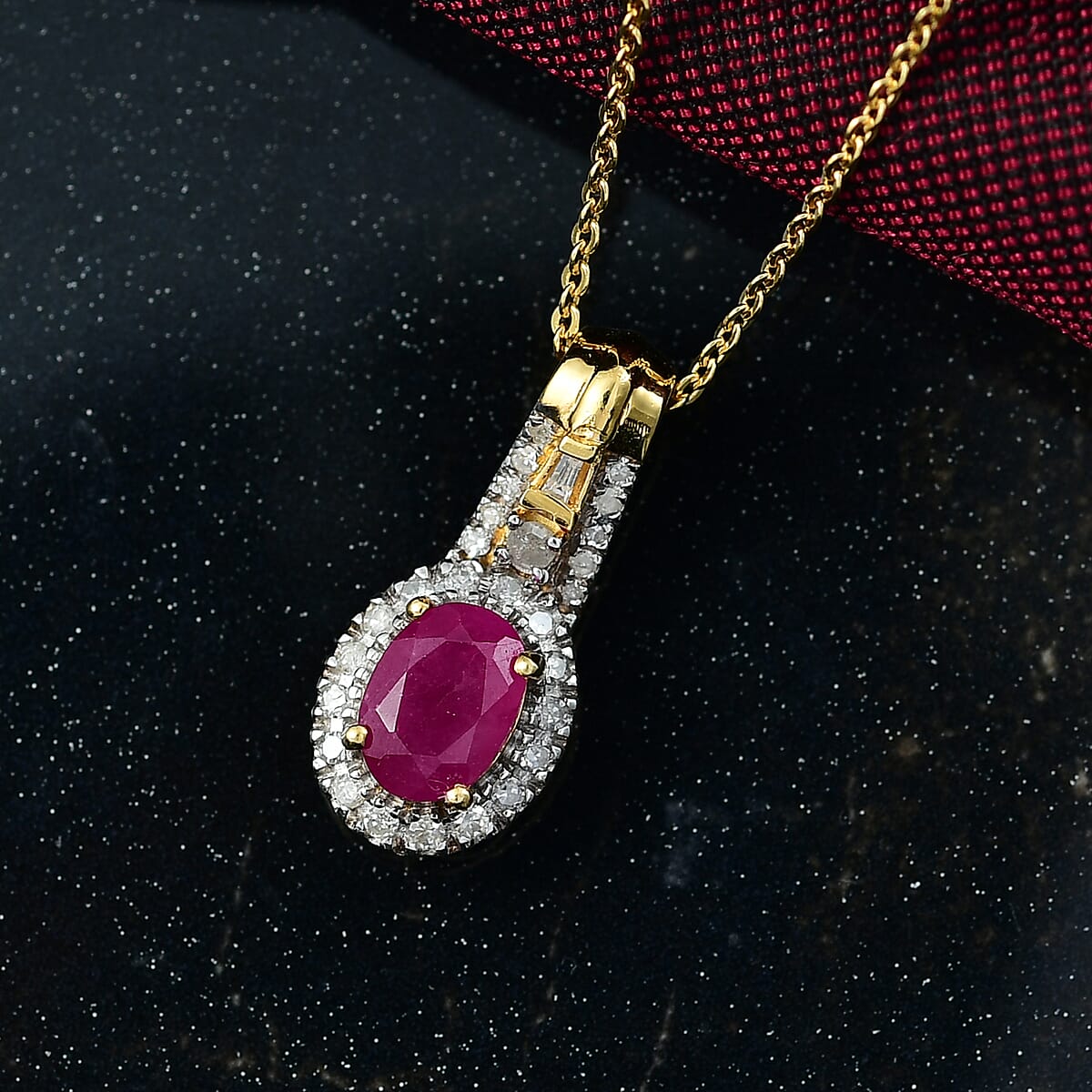 D'Joy AAA Royal Ruby and Diamond 1.40 ctw Halo Pendant Necklace in 18K Vermeil Yellow Gold Over Sterling Silver 20 Inches image number 1