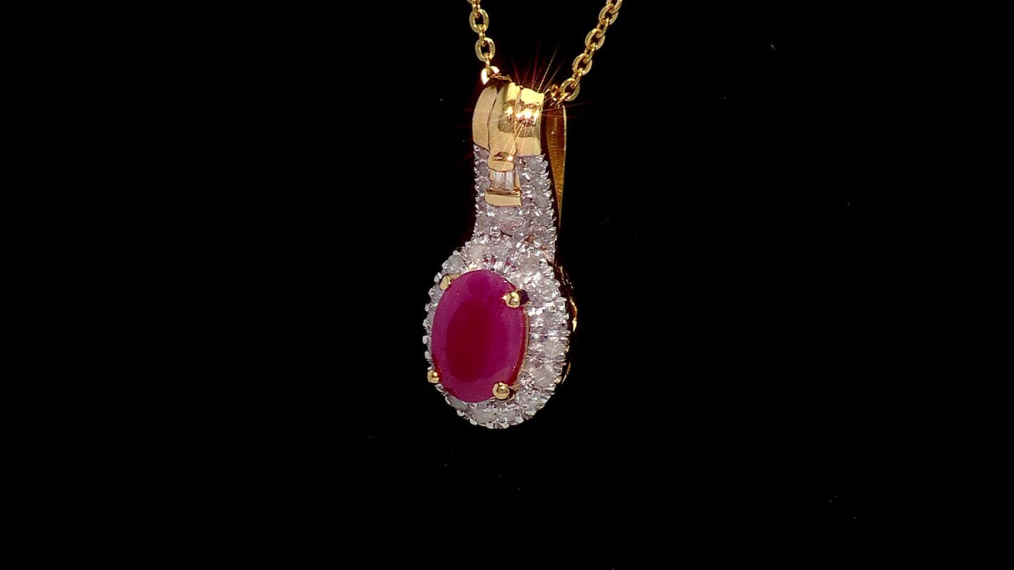 D'Joy AAA Royal Ruby and Diamond 1.40 ctw Halo Pendant Necklace in 18K Vermeil Yellow Gold Over Sterling Silver 20 Inches