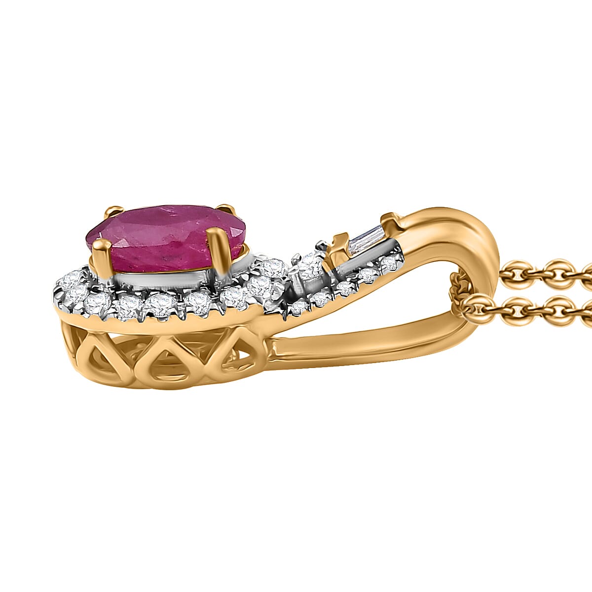 D'Joy AAA Royal Ruby and Diamond 1.40 ctw Halo Pendant Necklace in 18K Vermeil Yellow Gold Over Sterling Silver 20 Inches image number 2