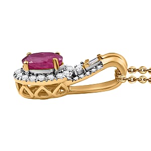 D'Joy AAA Royal Ruby and Diamond 1.40 ctw Halo Pendant Necklace in 18K Vermeil Yellow Gold Over Sterling Silver 20 Inches