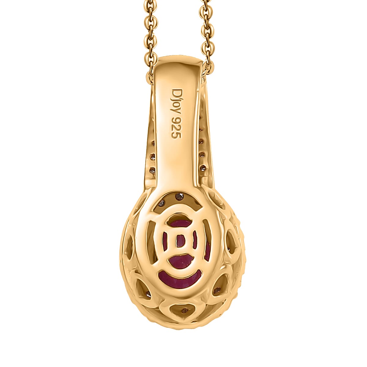 D'Joy AAA Royal Ruby and Diamond 1.40 ctw Halo Pendant Necklace in 18K Vermeil Yellow Gold Over Sterling Silver 20 Inches image number 3