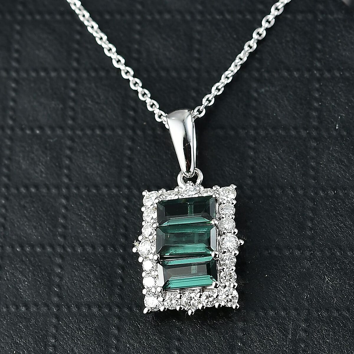 Certified & Appraised Premium Pirineu Lagoon Tourmaline and Luxuriant Lab Grown Diamond G-H SI 1.49 ctw Pendant Necklace 20 Inches in 10K White Gold  image number 1