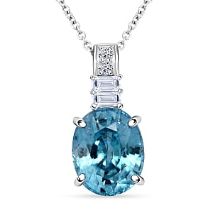 AAA Cambodian Blue Zircon and G-H SI Luxuriant Lab Grown Diamond 4.20 ctw Pendant Necklace in 10K White Gold 18 Inches
