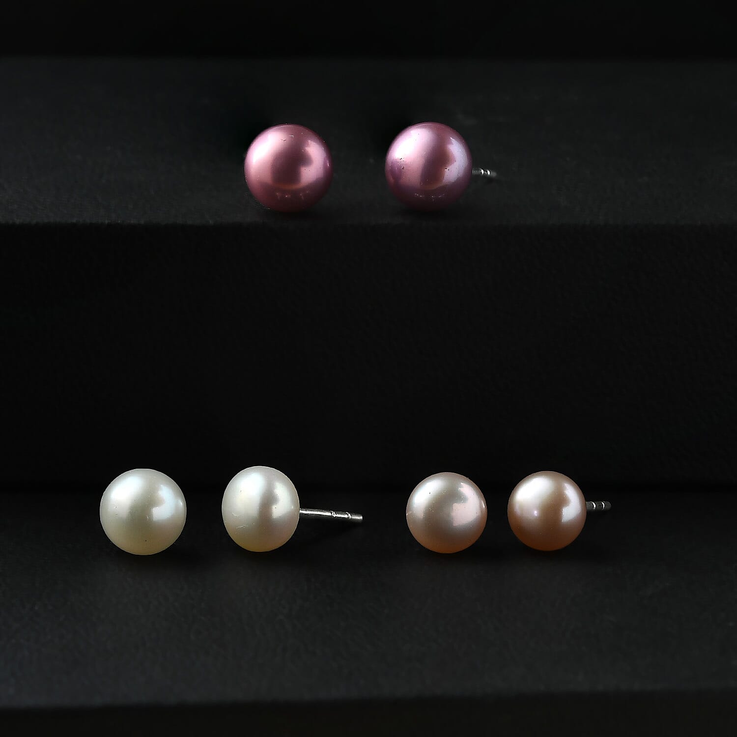 Set of 3 - Pink Pearl (D), Peach and White Freshwater Pearl Beaded Stud Earrings in Sterling Silver