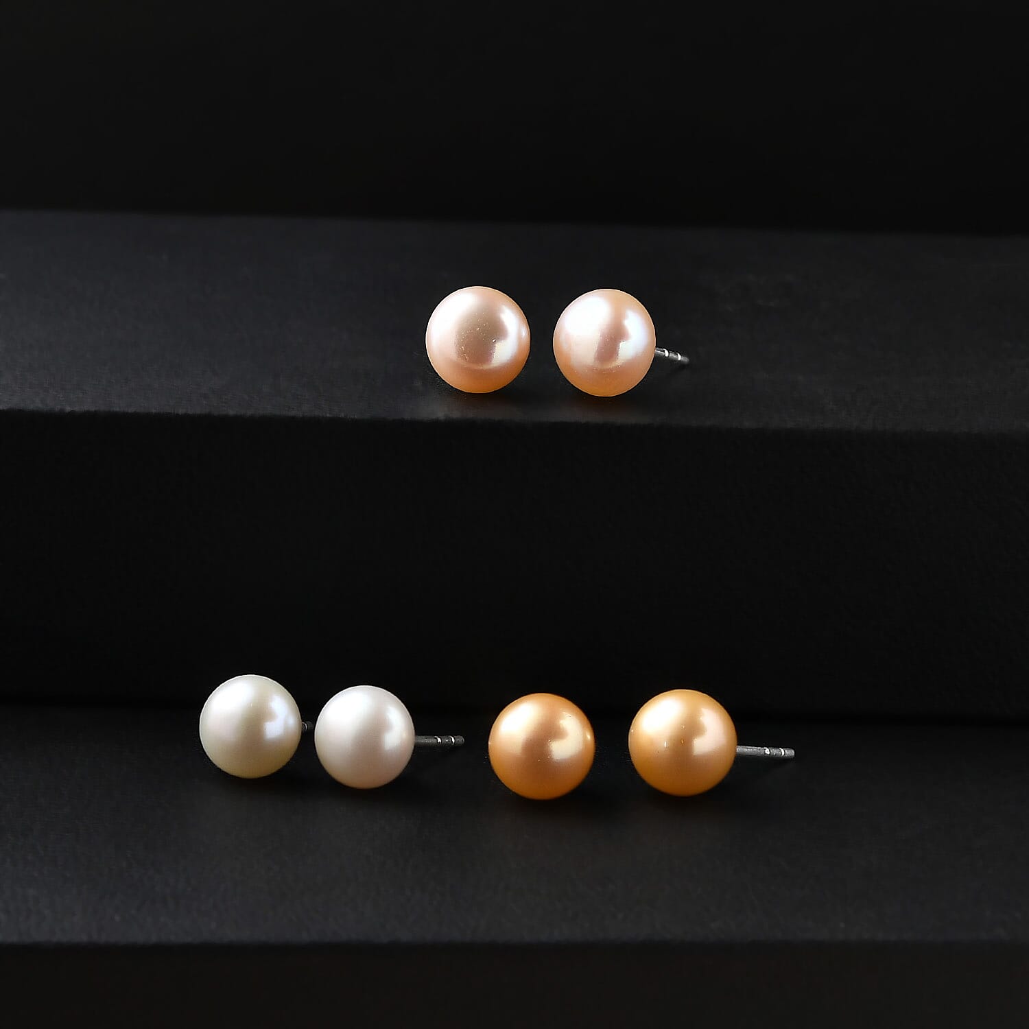 Set of 3 - Golden and Purple Pearl (D), Freshwater Pearl Beaded Stud Earrings in Sterling Silver