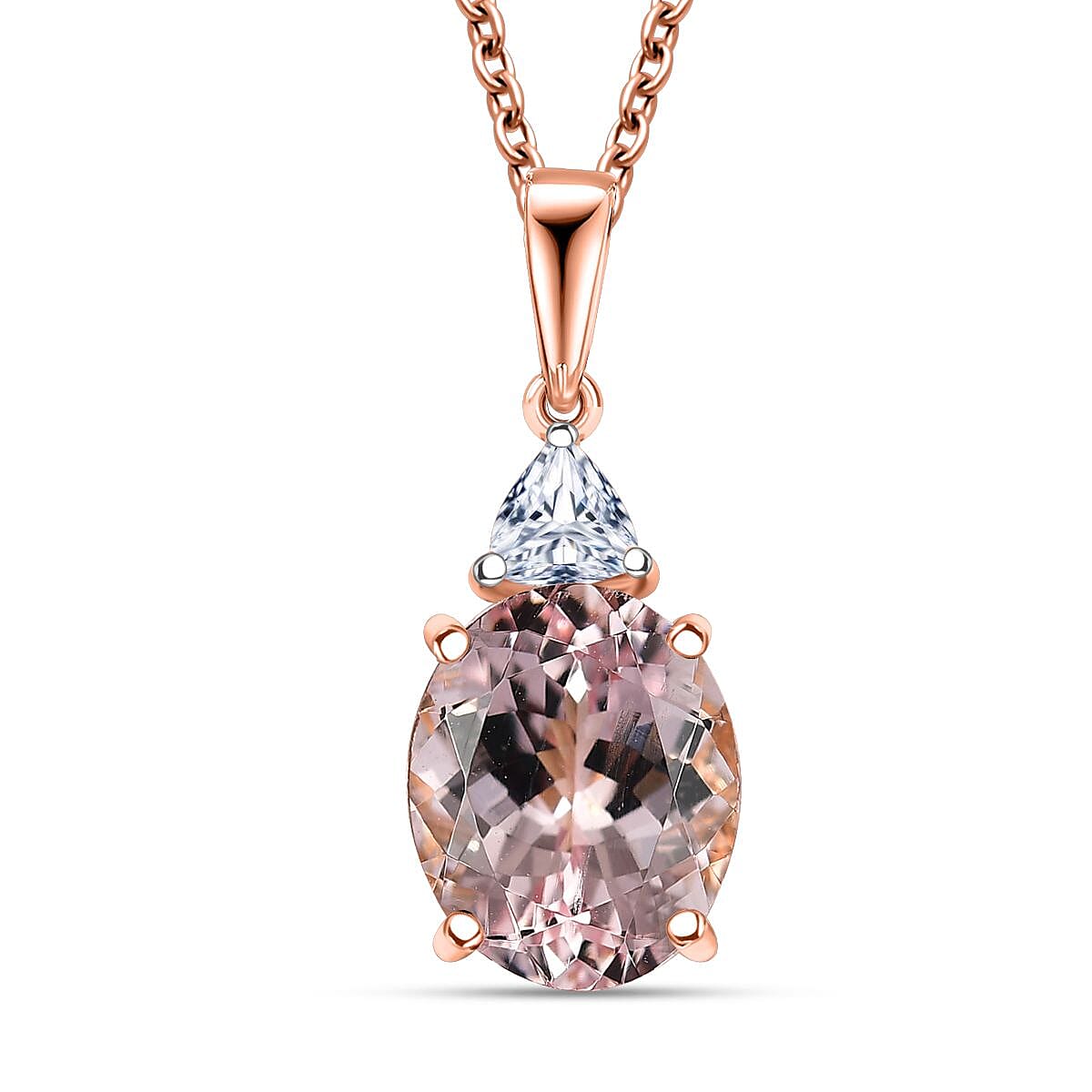 AAA Pink Morganite and E-F VS Luxuriant Lab Grown Diamond 3.35 ctw Crown Jewel Pendant Necklace in 10K Rose Gold 20 Inches image number 0