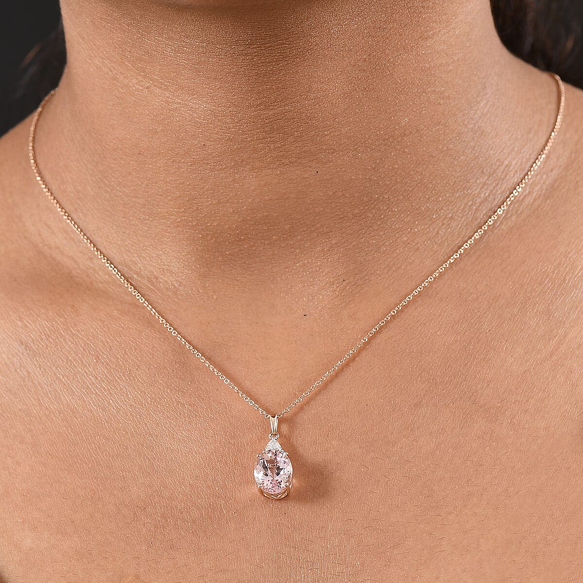 AAA Pink Morganite and E-F VS Luxuriant Lab Grown Diamond 3.35 ctw Crown Jewel Pendant Necklace in 10K Rose Gold 20 Inches image number 2