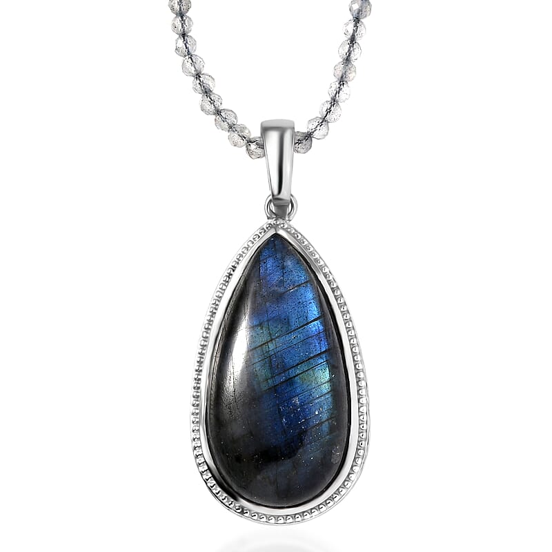 EverTrue Malagasy Labradorite 59.50 ctw Pendant in Platinum Bond with Stainless Steel Necklace 20 Inches