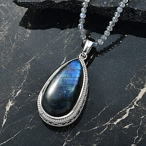 EverTrue Malagasy Labradorite 59.50 ctw Pendant in Platinum Bond with Stainless Steel Necklace 20 Inches