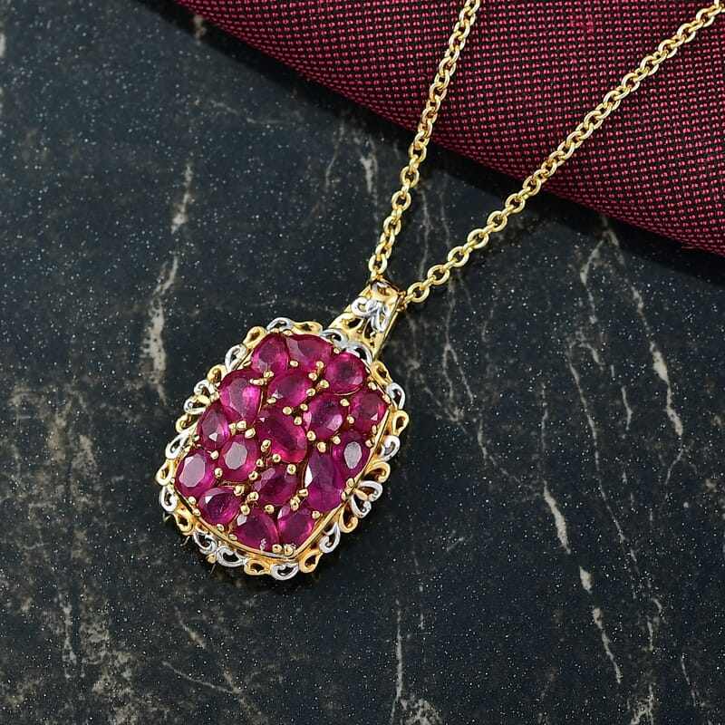 EverTrue Niassa Ruby (FF) 4.65 ctw Floral Cluster Pendant in 18K YG Plated and Platinum Bond with Stainless Steel Necklace 20 Inches
