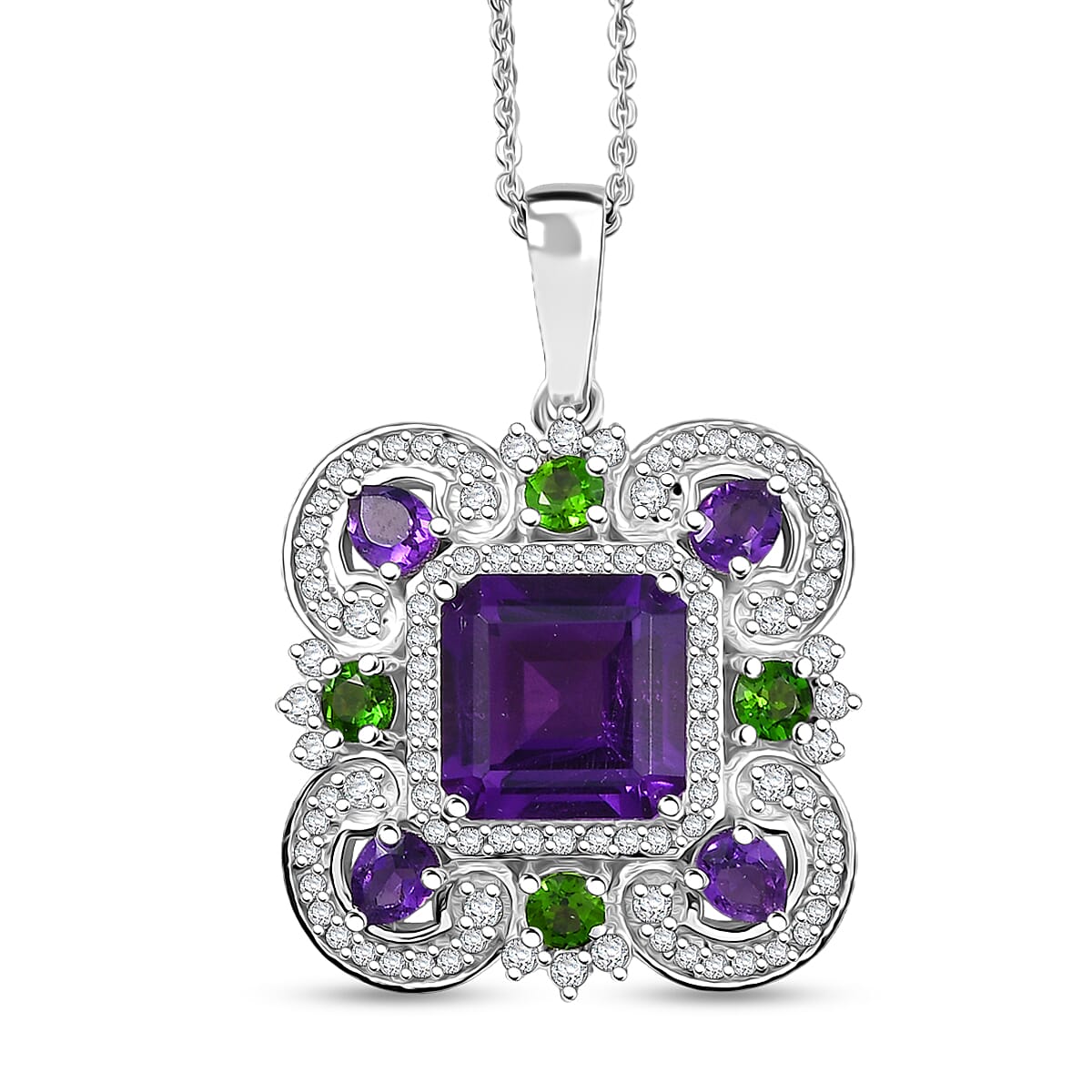 GP Royal Art Deco Collection African Amethyst and Multi Gemstone 5.50 ctw Pendant Necklace in Rhodium Over Sterling Silver 20 Inches image number 0