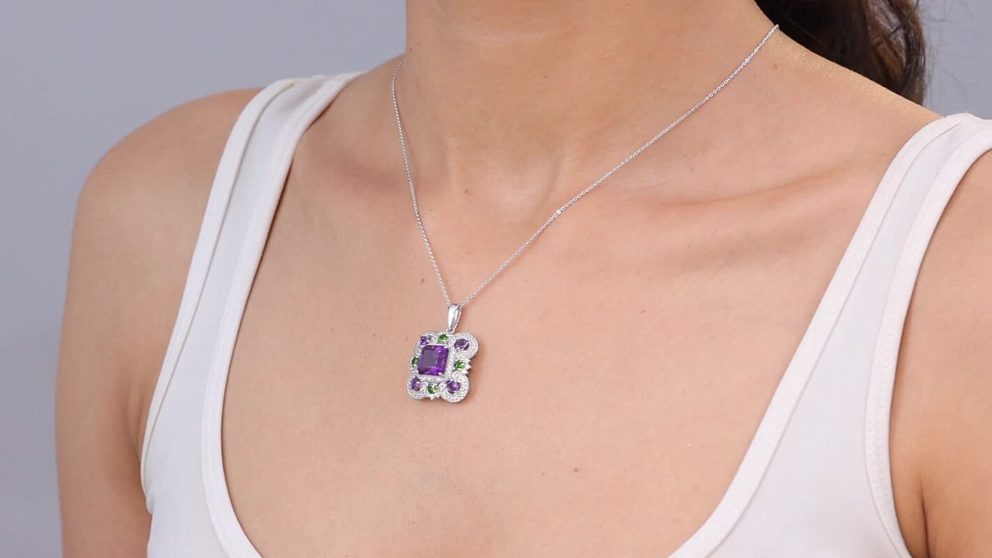 GP Royal Art Deco Collection African Amethyst, Multi Gemstone Pendant Necklace in Rhodium Over Sterling Silver 5.65 ctw  (20 Inches)