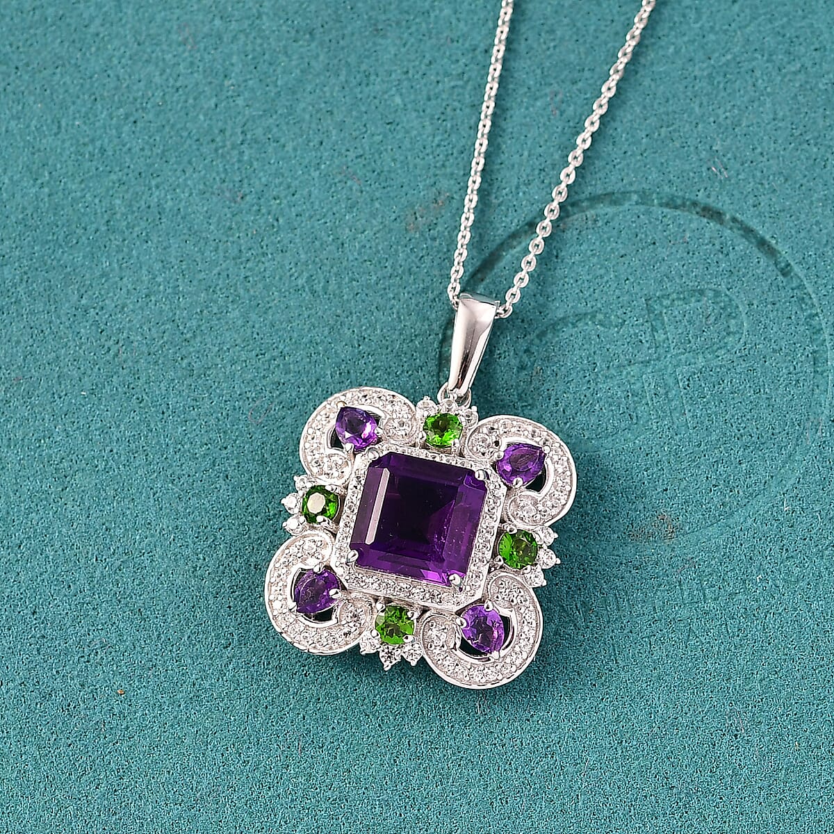 GP Royal Art Deco Collection African Amethyst and Multi Gemstone 5.50 ctw Pendant Necklace in Rhodium Over Sterling Silver 20 Inches image number 1