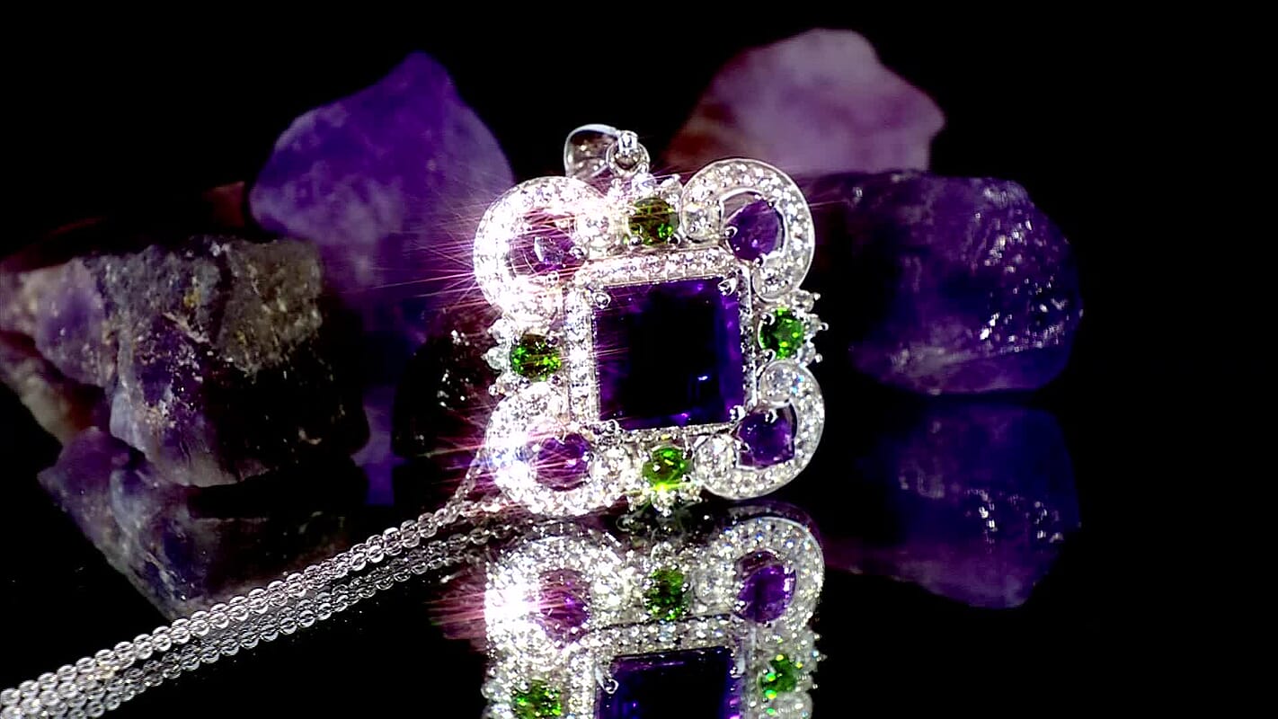 GP Royal Art Deco Collection African Amethyst, Multi Gemstone Pendant Necklace in Rhodium Over Sterling Silver 5.65 ctw  (20 Inches)