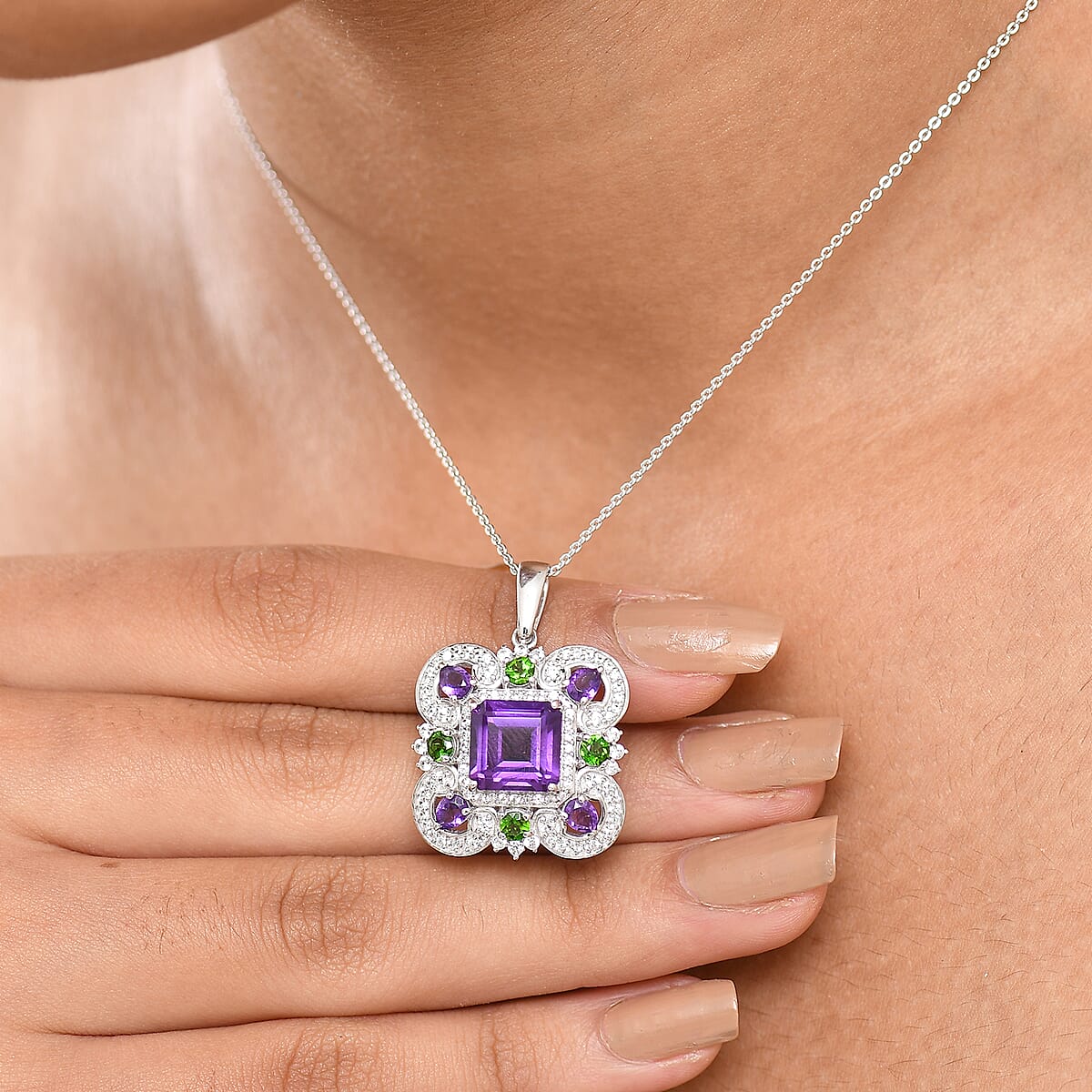 GP Royal Art Deco Collection African Amethyst and Multi Gemstone 5.50 ctw Pendant Necklace in Rhodium Over Sterling Silver 20 Inches image number 2