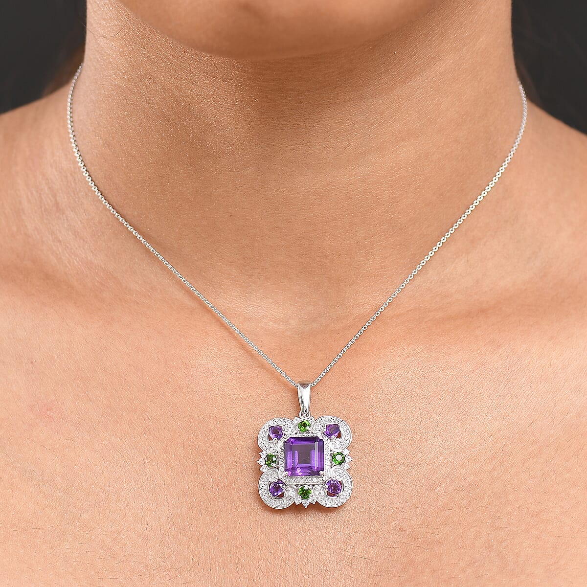 GP Royal Art Deco Collection African Amethyst and Multi Gemstone 5.50 ctw Pendant Necklace in Rhodium Over Sterling Silver 20 Inches image number 3
