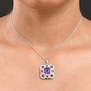 GP Royal Art Deco Collection African Amethyst, Multi Gemstone Pendant Necklace in Rhodium Over Sterling Silver 5.65 ctw  (20 Inches)