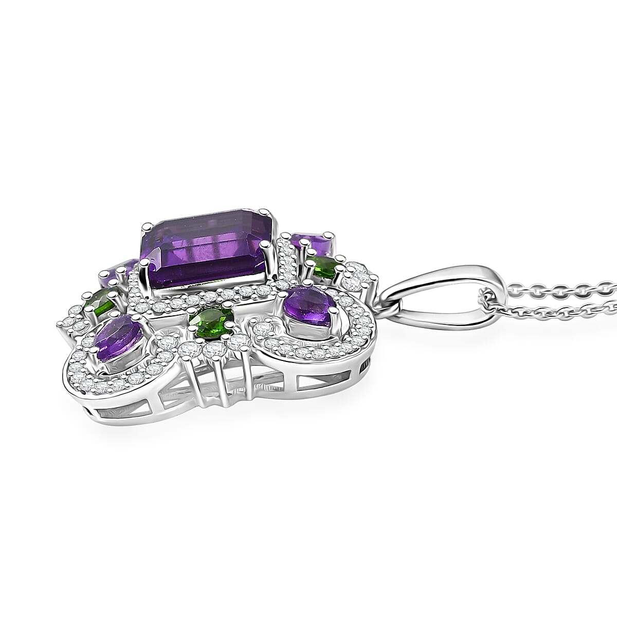 GP Royal Art Deco Collection African Amethyst and Multi Gemstone 5.50 ctw Pendant Necklace in Rhodium Over Sterling Silver 20 Inches image number 4