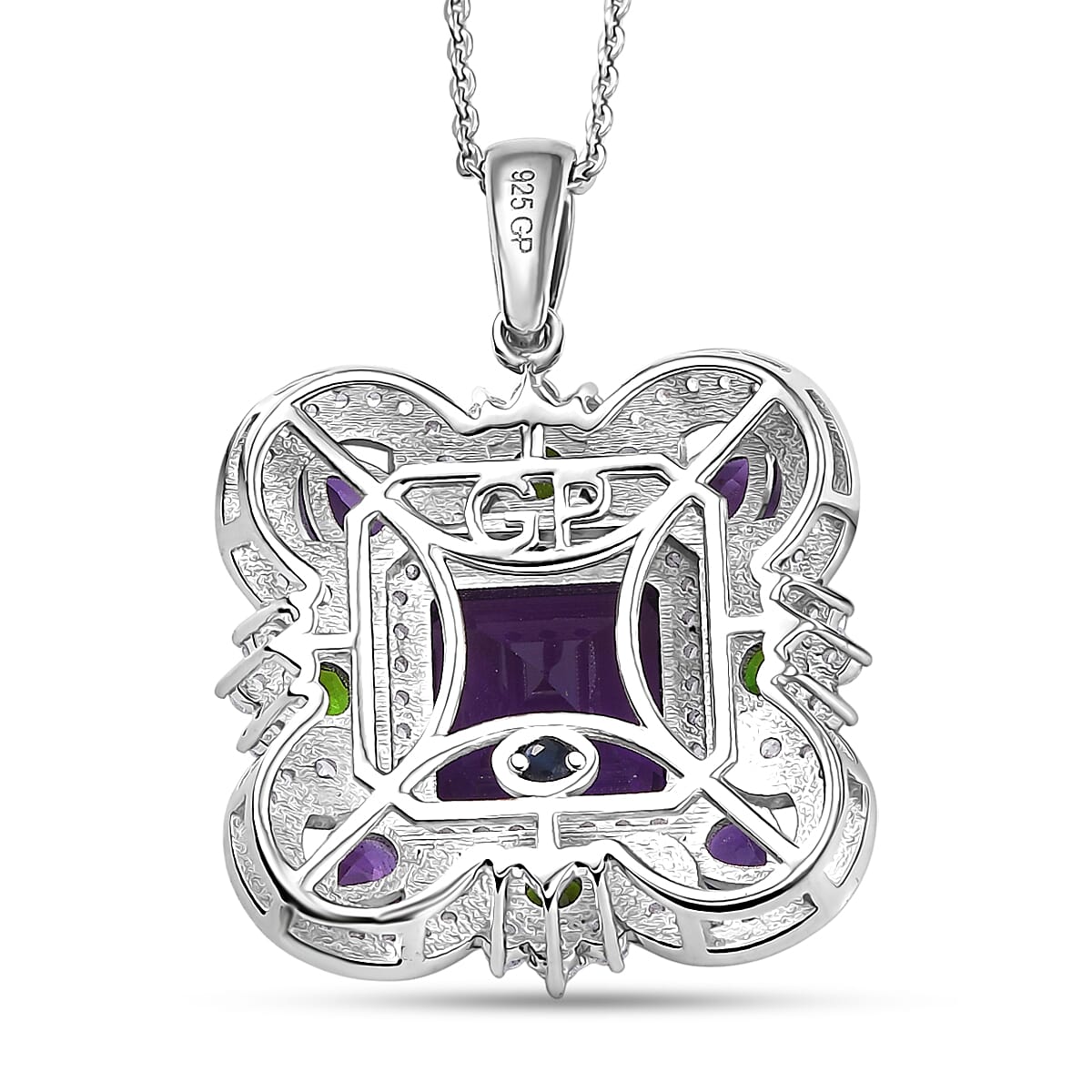 GP Royal Art Deco Collection African Amethyst and Multi Gemstone 5.50 ctw Pendant Necklace in Rhodium Over Sterling Silver 20 Inches image number 5