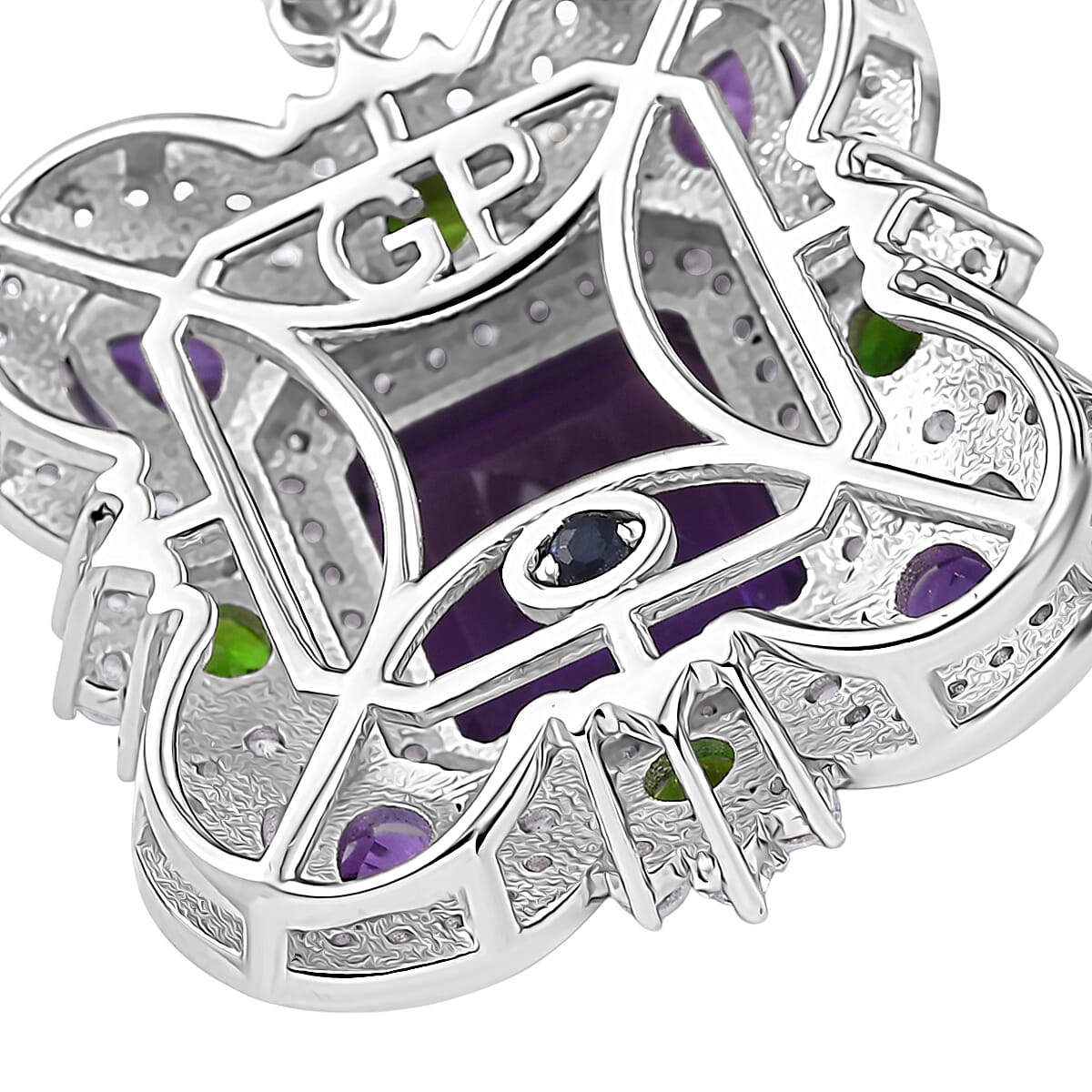 GP Royal Art Deco Collection African Amethyst and Multi Gemstone 5.50 ctw Pendant Necklace in Rhodium Over Sterling Silver 20 Inches image number 6