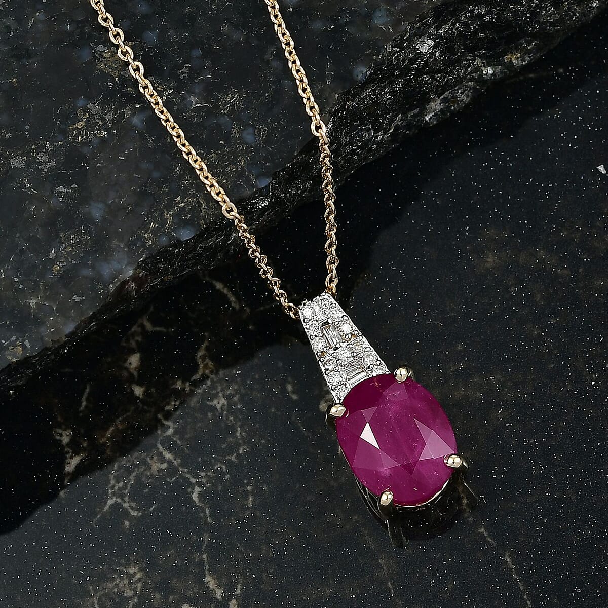 Luxoro AAA Royal Ruby and G-H I2 Diamond 3.90 ctw Art Deco Pendant Necklace in 10K Yellow Gold 20 Inches (Del. in 10-12 Days) image number 1