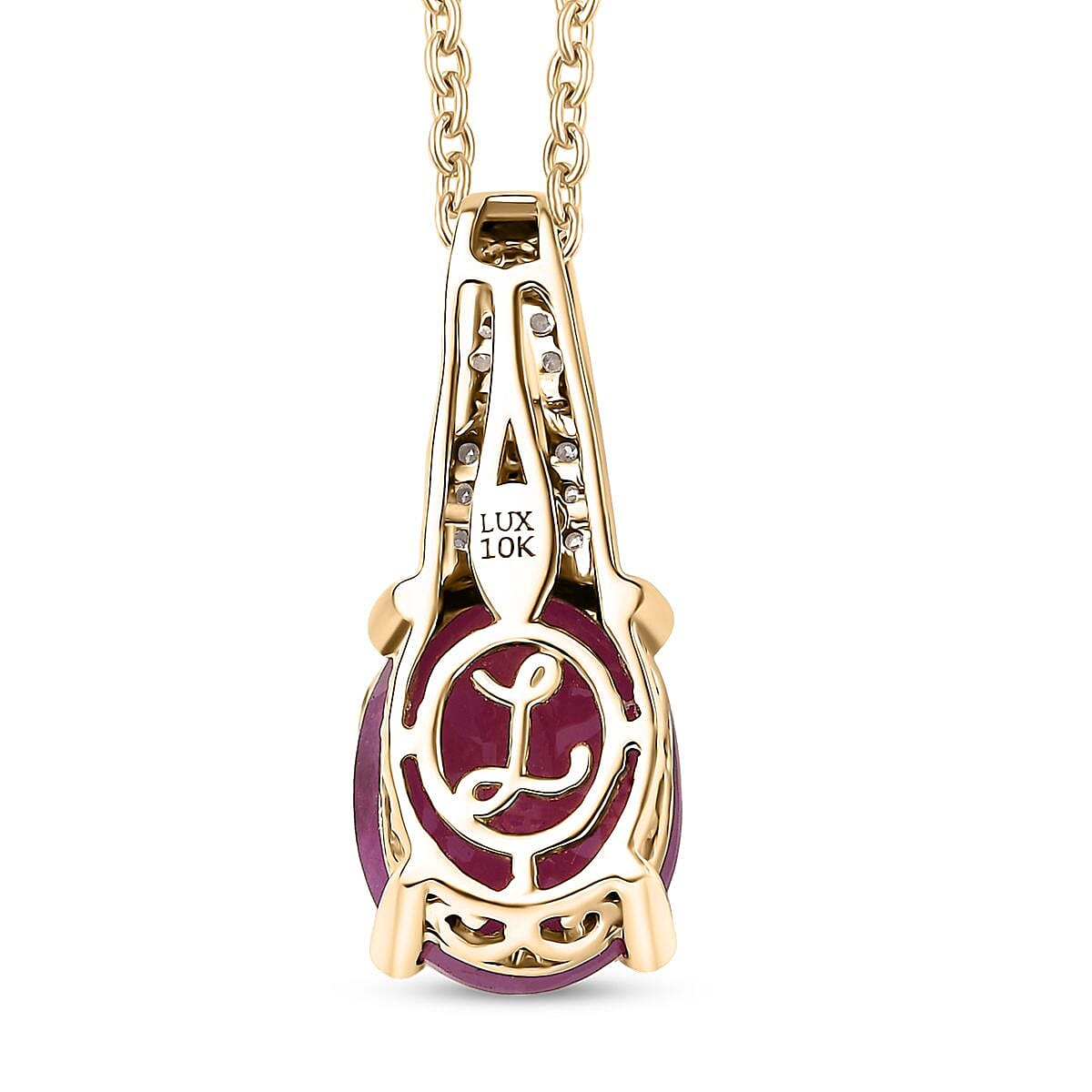 Luxoro AAA Royal Ruby and G-H I2 Diamond 3.90 ctw Art Deco Pendant Necklace in 10K Yellow Gold 20 Inches (Del. in 10-12 Days) image number 4