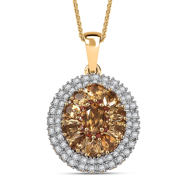 D'Joy Golden Turkizite, White and Chocolate Zircon 3.15 ctw Pendant Necklace in 18K Vermeil Yellow Gold Over Sterling Silver 20 Inches