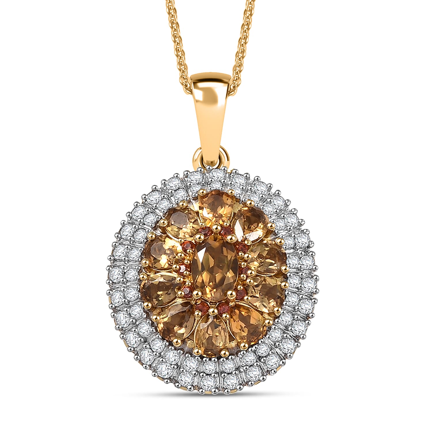 D'Joy Golden Turkizite, White and Chocolate Zircon 3.15 ctw Pendant Necklace in 18K Vermeil Yellow Gold Over Sterling Silver 20