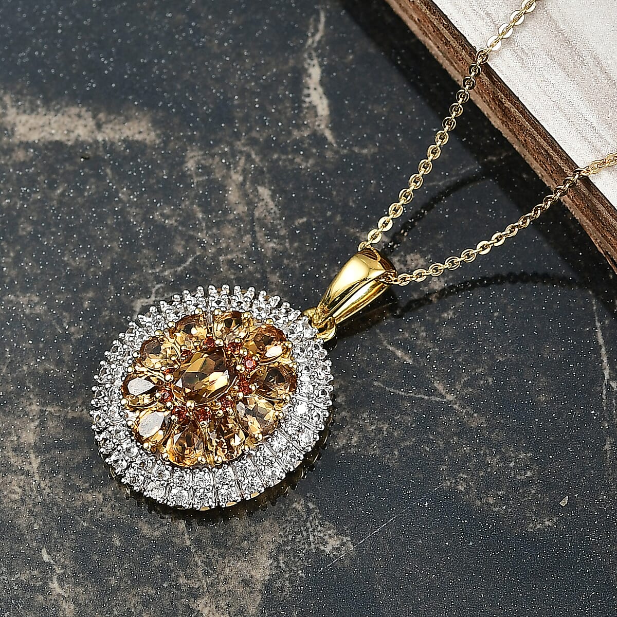 D'Joy Golden Turkizite, White and Chocolate Zircon 3.15 ctw Pendant Necklace in 18K Vermeil Yellow Gold Over Sterling Silver 20 Inches image number 1