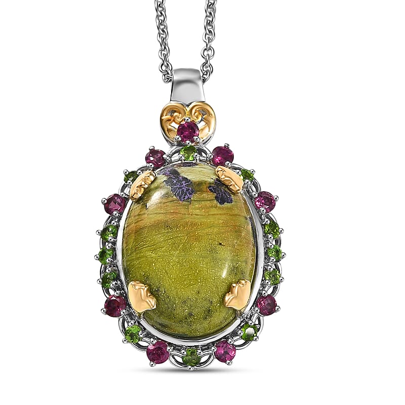EverTrue Tasmanian Stichtite and Multi Gemstone 16.30 ctw Garden of the Earth Pendant in 18K YG Plated and Platinum Bond with Stainless Steel Necklace 20 Inches