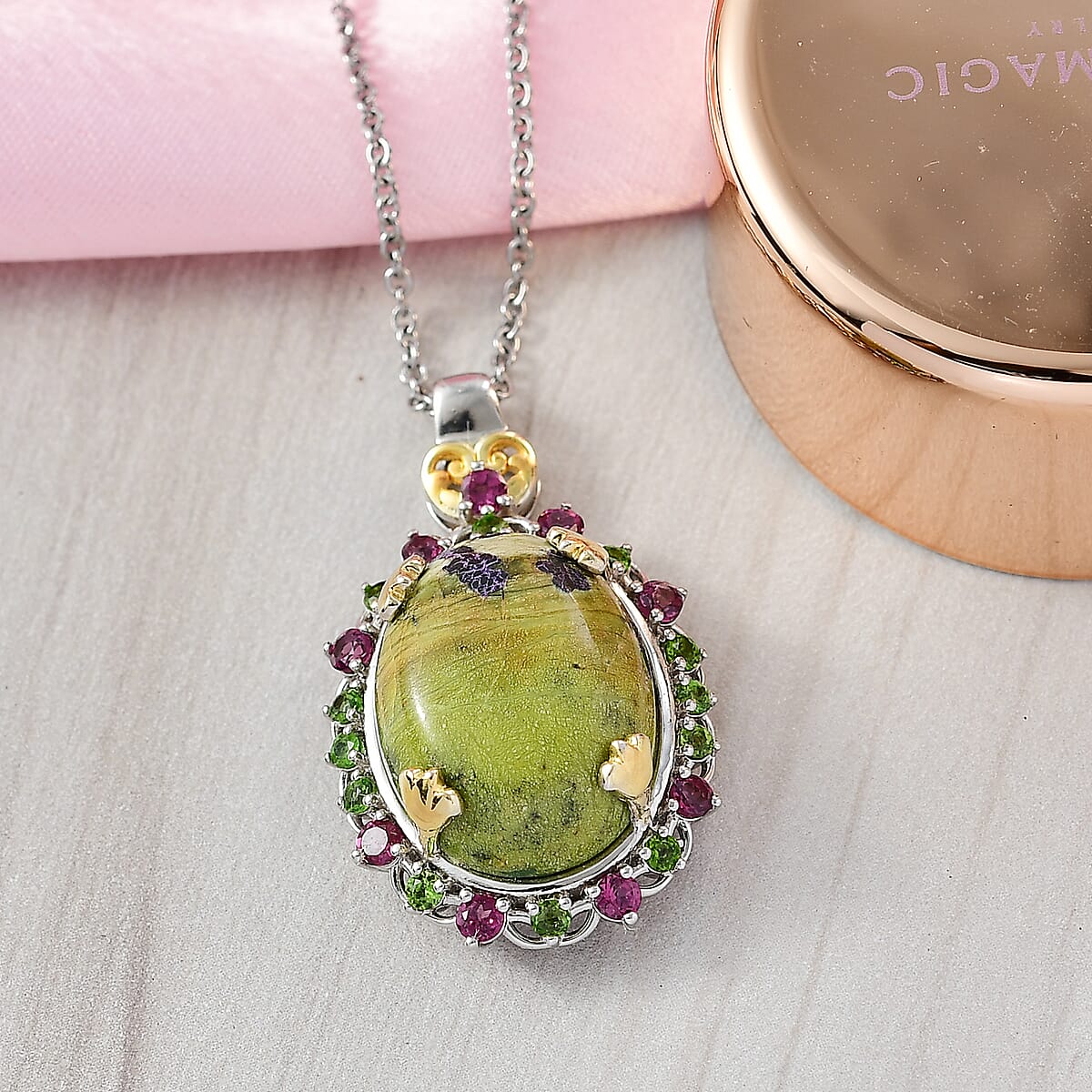EverTrue Tasmanian Stichtite and Multi Gemstone 16.30 ctw Pendant in 18K YG Plated and Platinum Bond with Stainless Steel Necklace 20 Inches image number 1