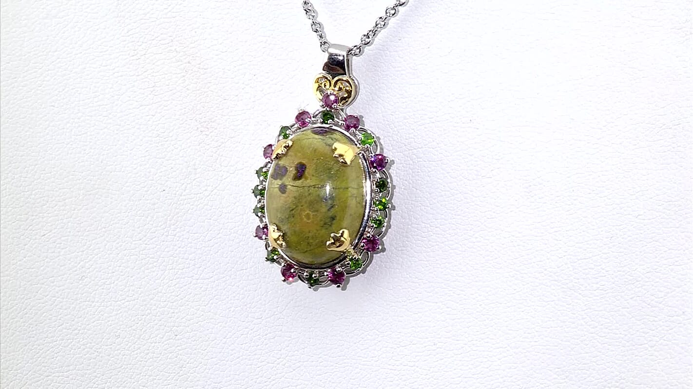 EverTrue Tasmanian Stichtite and Multi Gemstone 16.30 ctw Garden of the Earth Pendant in 18K YG Plated and Platinum Bond with Stainless Steel Necklace 20 Inches
