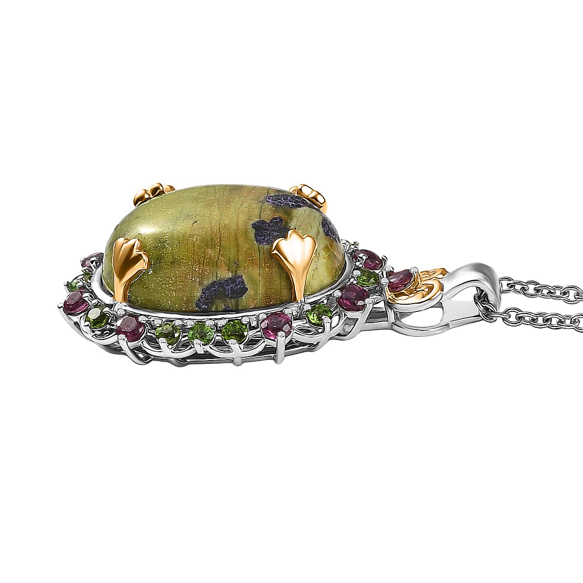 EverTrue Tasmanian Stichtite and Multi Gemstone 16.30 ctw Garden of the Earth Pendant in 18K YG Plated and Platinum Bond with Stainless Steel Necklace 20 Inches