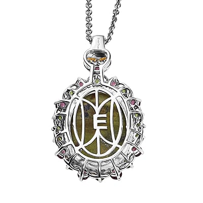 EverTrue Tasmanian Stichtite and Multi Gemstone 16.30 ctw Garden of the Earth Pendant in 18K YG Plated and Platinum Bond with Stainless Steel Necklace 20 Inches