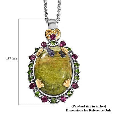EverTrue Tasmanian Stichtite and Multi Gemstone 16.30 ctw Garden of the Earth Pendant in 18K YG Plated and Platinum Bond with Stainless Steel Necklace 20 Inches