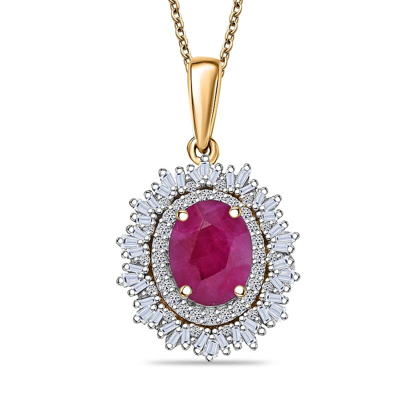AAA Royal Ruby and Luxuriant Lab Grown Diamond E-F VS 3.24 ctw Pendant Necklace in 10K Yellow Gold 4.45 Grams 20 Inches