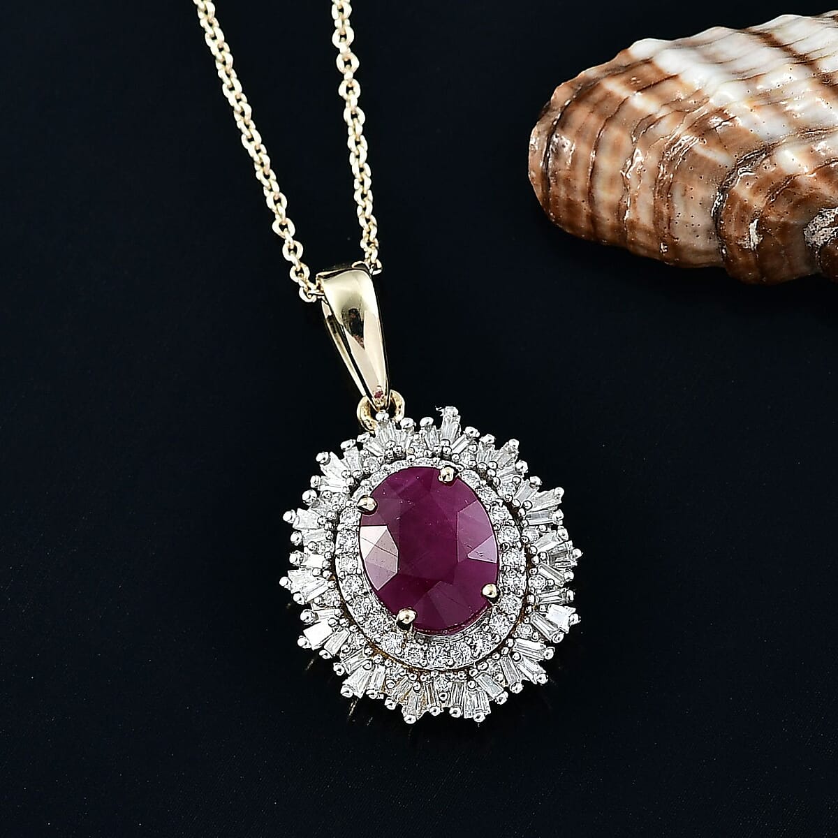 AAA Royal Ruby and E-F VS Luxuriant Lab Grown Diamond 3.60 ctw Pendant Necklace in 10K Yellow Gold 20 Inches image number 1