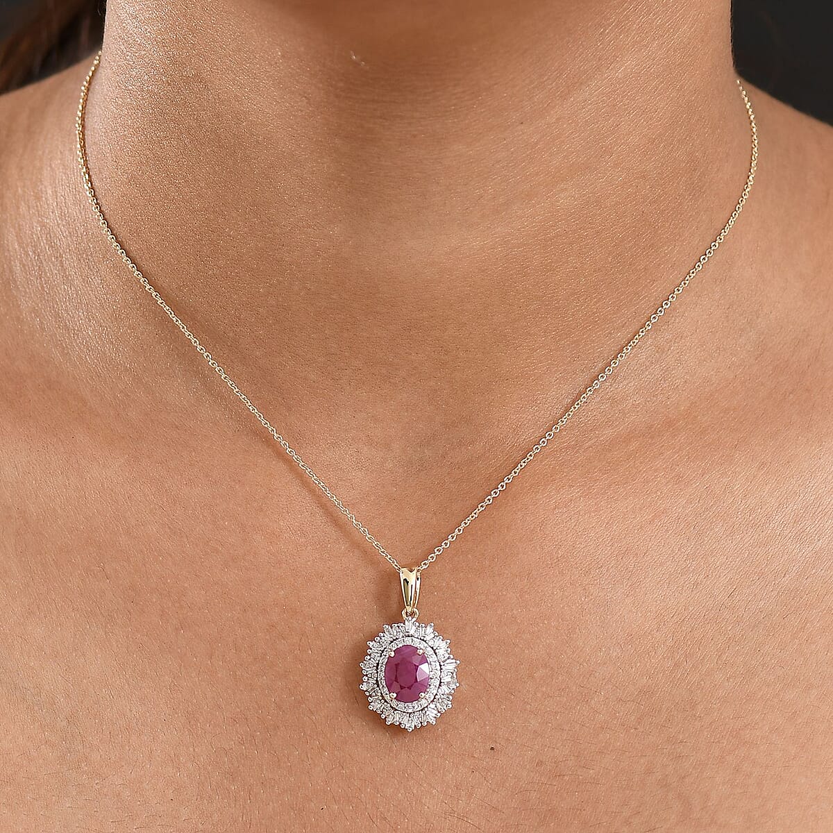 AAA Royal Ruby and E-F VS Luxuriant Lab Grown Diamond 3.60 ctw Pendant Necklace in 10K Yellow Gold 20 Inches image number 2