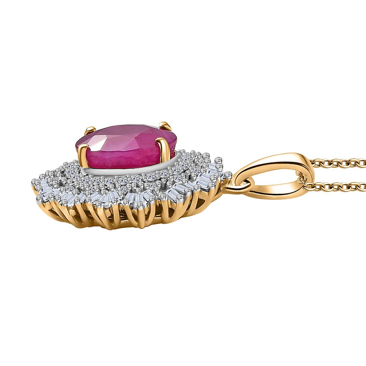 AAA Royal Ruby and E-F VS Luxuriant Lab Grown Diamond 3.60 ctw Pendant Necklace in 10K Yellow Gold 20 Inches image number 3