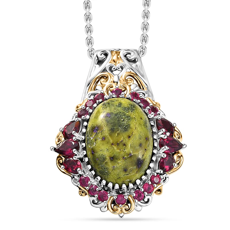 EverTrue Tasmanian Stichtite and Orissa Rhodolite Garnet 12.20 ctw Earthborn Crown Pendant in 18K YG Plated and Platinum Bond with Stainless Steel Necklace 20 Inches