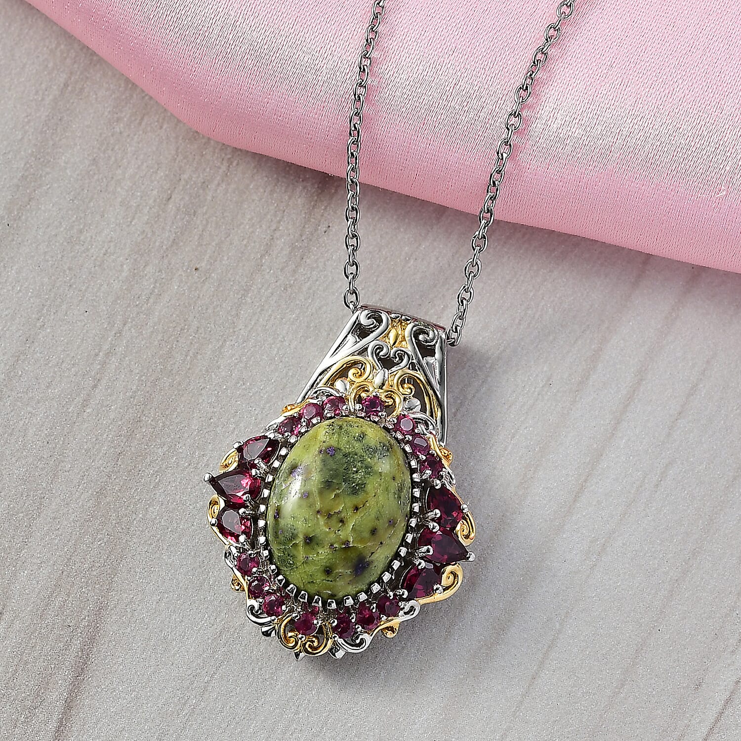 EverTrue Tasmanian Stichtite and Orissa Rhodolite Garnet 12.20 ctw Earthborn Crown Pendant in 18K YG Plated and Platinum Bond with Stainless Steel Necklace 20 Inches