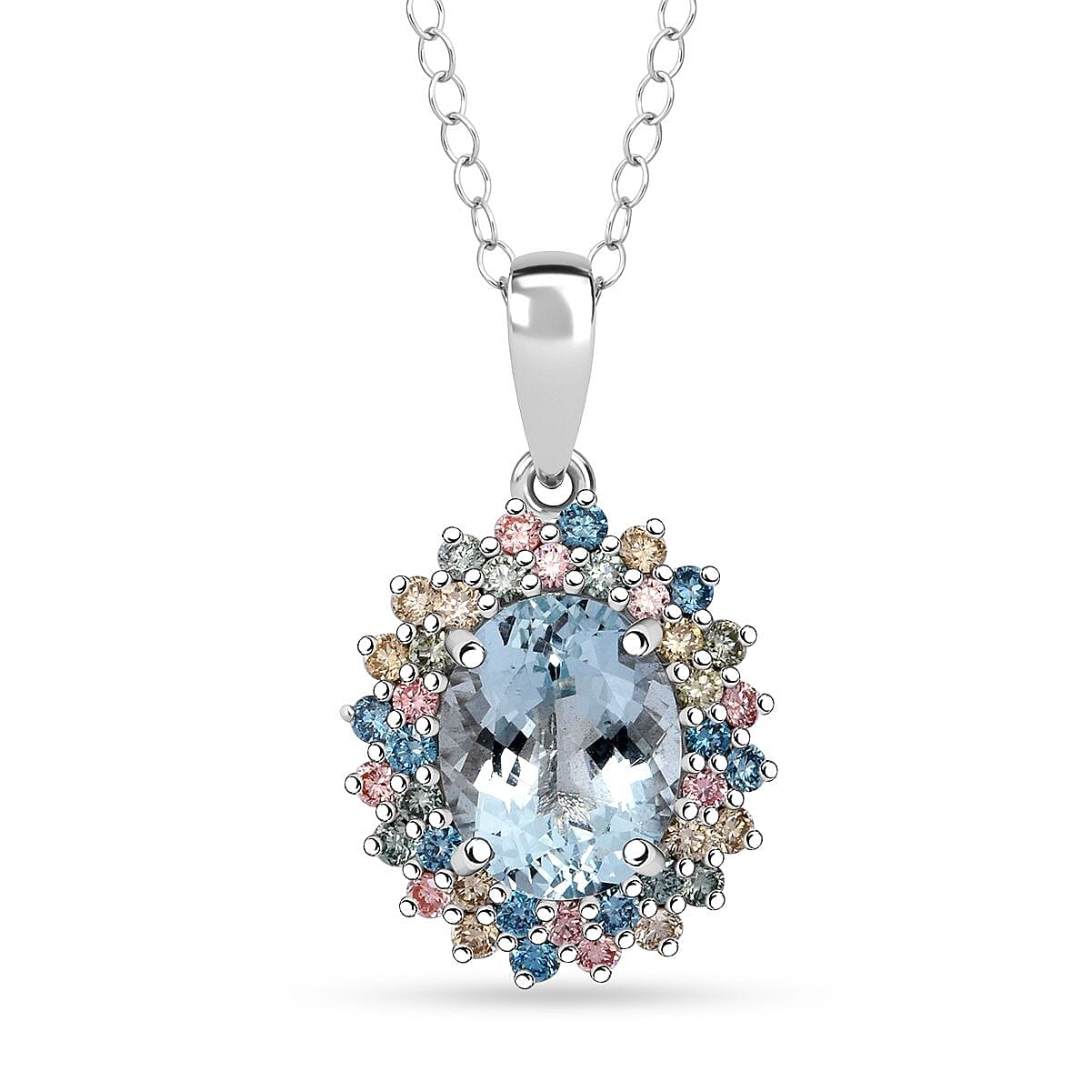 AAA Mangoro Aquamarine and SI Luxuriant Lab Grown Multi Diamond 2.90 ctw Pendant Necklace in Rhodium Over Sterling Silver 20 Inches image number 0